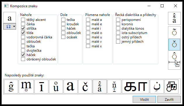 dialog 'Kompozice znaku' se čtyřmi oblastmi; vlevo je výběr základního znaku buď zadáním
             do textového pole (momentálně je v něm znak 'a') nebo výběrem z nabídky předdefinovaných znaků
             (stejných jako v hlavním okně); uprostřed jsou čtyři předdefinované skupiny diakritických znamének
             ('Nahoře', 'Dole', 'Písmena nahoře' a 'Řecká diakritika a přídechy'); ve skupině 'Nahoře' jsou
             zaškrtnuté položky 'stříška', 'tilda' a 'háček'; vpravo je nahoře složený znak ('a', nad nímž
             je (odspodu) tilda, háček a stříška) a pod složeným znakem svislý pruh se třemi znaménky; nahoře
             je (první) tilda, pak háček a nakonec stříška; háček je označený a myší právě přesouvaný pod
             stříšku (aby pak ve výsledku byl od 'a' co nejdále, zcela navrchu nad ostatními znaménky);
             dole je vodorovný pruh s naposled použitými složenými znaky