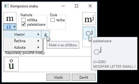 znovu dialog 'Kompozice znaku', ale se základním znakem 'm' a už jen jediným vlastním
             diakritickým znaménkem (s názvem 'palatalizace') v ponechané skupině 'Nahoře'; jako výsledný znak
             se zobrazuje 'm' s malým 'j' napravo nahoře (jako 'index') a ve sloupci s použitou diakritikou
             se zobrazuje samotné malé 'j' s vlastním názvem 'palatalizace', kódem Unicode U+02B2 a anglickým
             názvem 'MODIFIER LETTER SMALL J' (ze zabudované databáze Unicode)